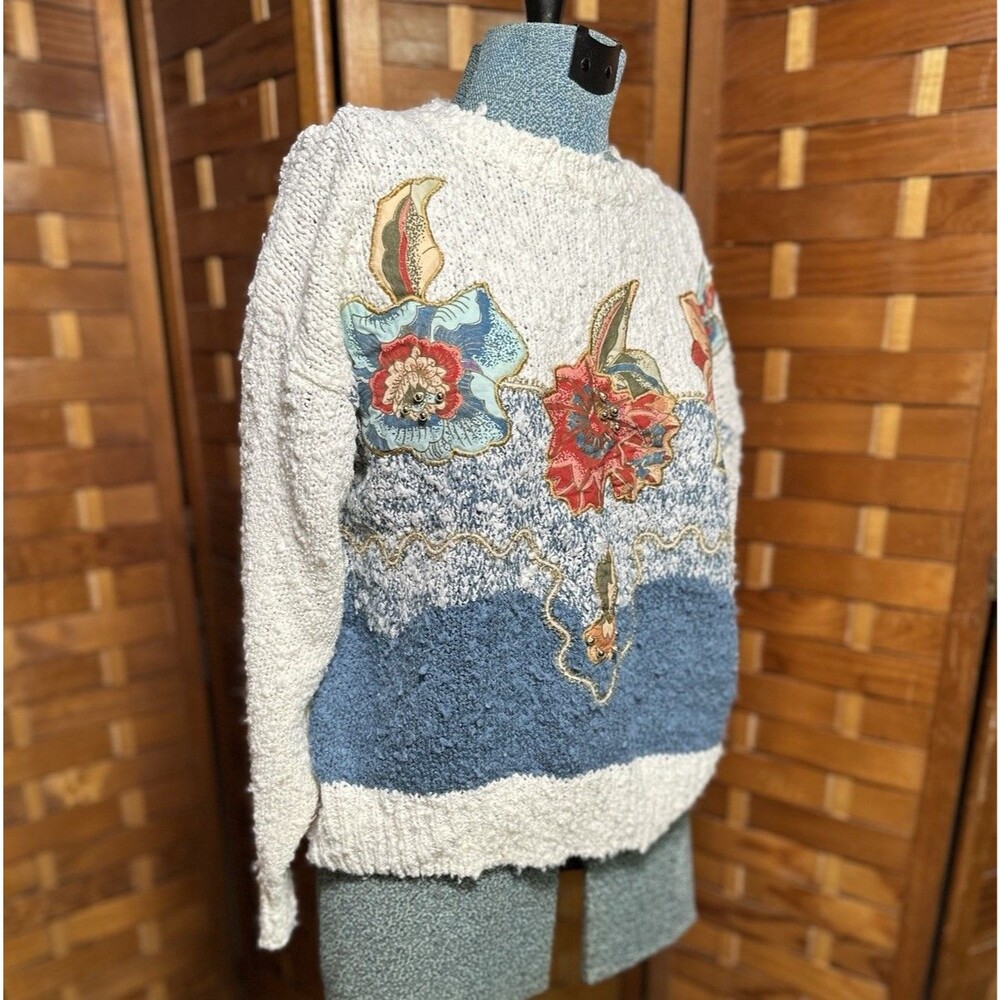 Vintage Sweater Granny Boho Fairy Floral Appliqué Chunky Knit Womens Size L 80s